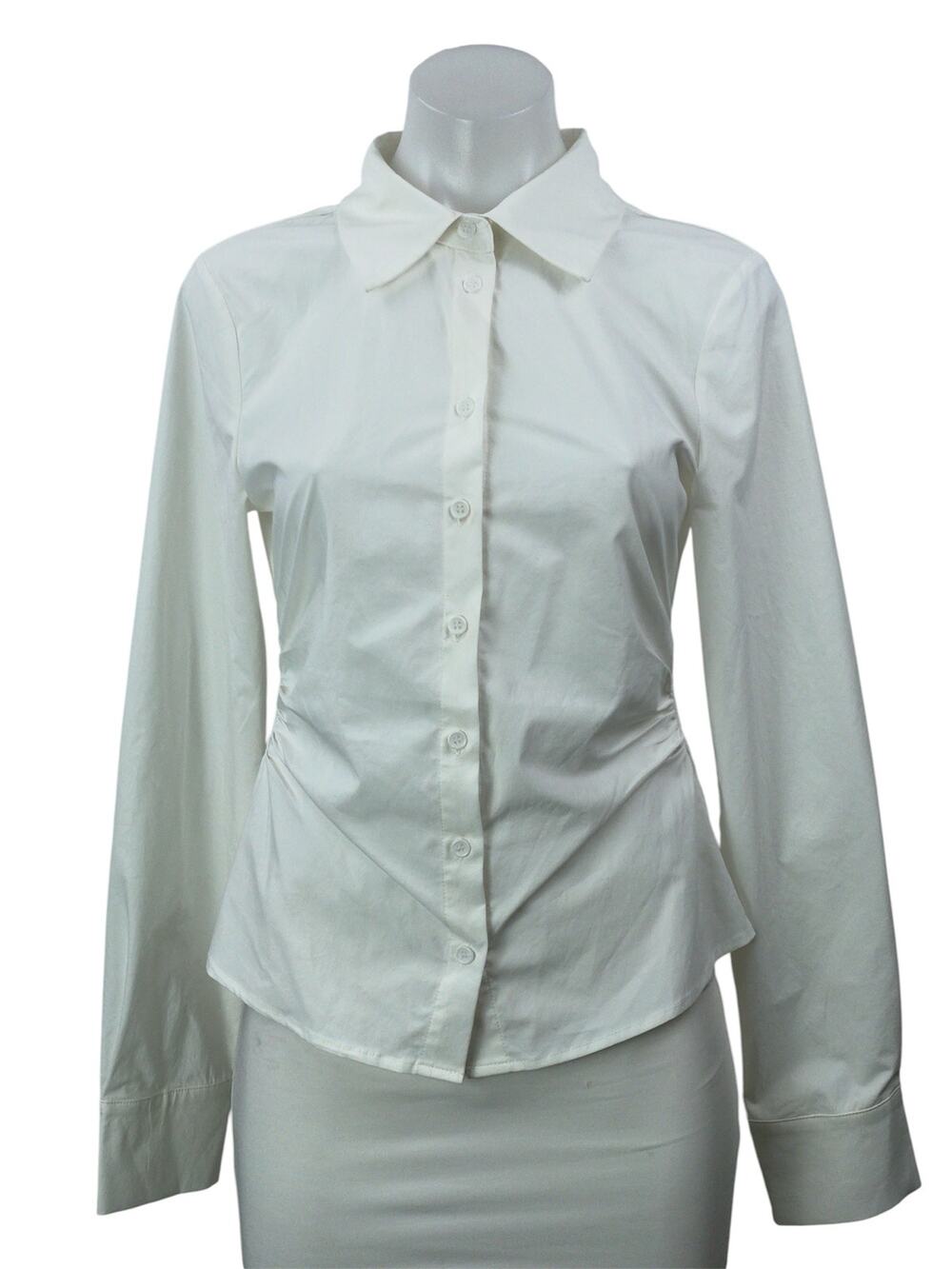 All The Ways Women's White Ruched Long Sleeve Collared Button Down Shirt Top S
